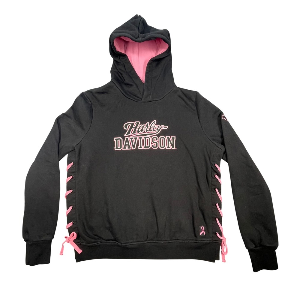 Harley-Davidson Black Hoodie Pink Lace Up Sides Awareness Womens Small